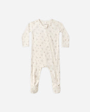Load image into Gallery viewer, Cream baby footie with menorah, dreidel, and star motifs, long sleeves, enclosed feet, and a front zipper.
