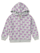 Load image into Gallery viewer, A light gray zip-up hoodie with an all-over purple bow pattern, featuring a full front zipper, ribbed cuffs, and a hood.
