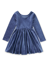 Load image into Gallery viewer, A long-sleeve velvet dress in a dusty medium blue color, featuring a scoop neckline and a gathered flared skirt, shown against a plain white background.
