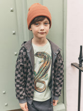 Load image into Gallery viewer, A young boy wearing a peach ribbed knit beanie, a gray and black checkered zip-up hoodie over a graphic t-shirt, and dark gray pants, standing in front of a muted green door.
