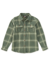 Load image into Gallery viewer, A green long-sleeve plaid button-up shirt with two chest pockets, displayed flat against a white background.
