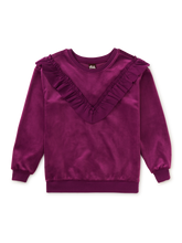 Load image into Gallery viewer, A long-sleeve crewneck sweatshirt in deep magenta purple velvet, featuring a ruffled V-neckline detail. The brand name 'fita' is visible on the inner neck label.
