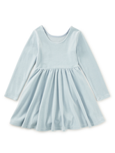 Load image into Gallery viewer, A light blue long-sleeve dress with a gathered waist and flared skirt, shown flat against a white background.

