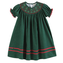Load image into Gallery viewer, Green Christmas Mistletoe Smocked Bishop Dress
