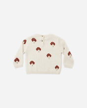 Load image into Gallery viewer, Back view of the cream mushroom knit sweater, showing two buttons at the neckline and an allover mushroom pattern.
