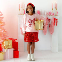 Load image into Gallery viewer, Candy Cane Swirl Sequin Bow Patch Sweater
