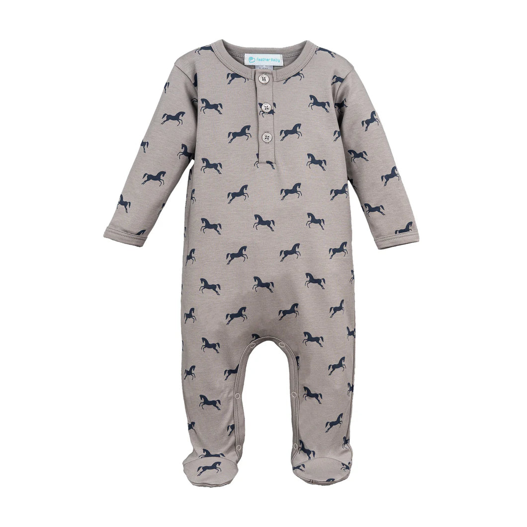 Pima Cotton Henley Footie - Prancing Stallions on Grey