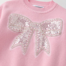 Load image into Gallery viewer, Pink sweater with a large sequin bow detail
