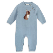Load image into Gallery viewer, A light blue long-sleeve baby romper with a knitted horse head graphic on the chest and three metal snap buttons on the shoulder, shown against a plain white background.
