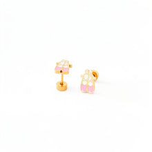 Load image into Gallery viewer, Pink and white ballet slipper stud earrings with gold-tone outlines, showing the fronts, posts, and round flat backs on a white background.
