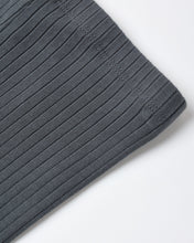 Load image into Gallery viewer, Close-up of a dark gray ribbed knit fabric, likely a sleeve or cuff, showing the vertical rib texture and stitched edge against a plain white background.
