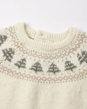 Load image into Gallery viewer, Close-up of the sweater’s ribbed cream neckline and gray tree Fair Isle knit pattern.
