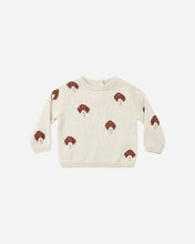 Load image into Gallery viewer, Cream knit sweater with reddish-brown mushroom motifs and ribbed detailing at the neckline, cuffs, and hem.
