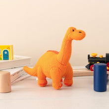 Load image into Gallery viewer, Knitted Orange Diplodocus Baby Plush Sensory Crinkle Toy
