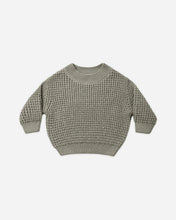 Load image into Gallery viewer, Spruce green chunky knit sweater with long sleeves and ribbed detailing at the crew neckline, cuffs, and hem.
