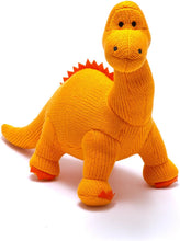 Load image into Gallery viewer, Knitted Orange Diplodocus Baby Plush Sensory Crinkle Toy
