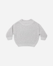 Load image into Gallery viewer, Fog gray chunky knit sweater with long sleeves and ribbed detailing at the crew neckline, cuffs, and hem.
