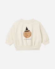 Load image into Gallery viewer, A cream-colored long-sleeve sweatshirt featuring a cartoon graphic of a smiling pumpkin wearing a black witch hat, with the text 'LIL PUMPKIN' printed below it, displayed on a clean white background.
