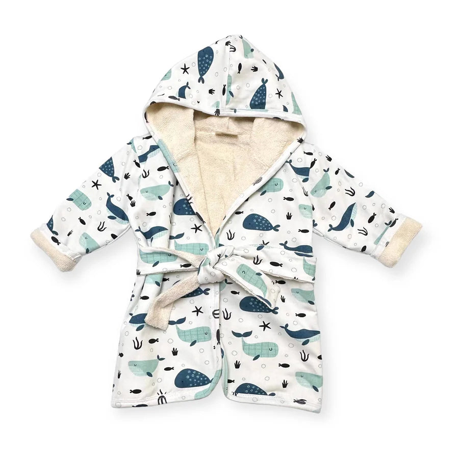 Whales Baby Hooded Bathrobe (Organic Jersey) White One Size
