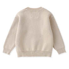 Load image into Gallery viewer, A light beige knit sweater shown from the back, featuring a crew neck, ribbed cuffs, and a ribbed hem, laid flat against a white background.
