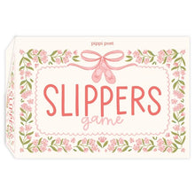 Load image into Gallery viewer, Pippi Post Ballet Slippers Card Game box with a pink floral border, green leaves, and ballet slippers tied in a bow.
