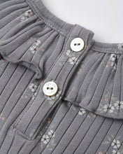 Load image into Gallery viewer, Ruffle Collar Dress in Slate Bloom, close-up of the ruffle collar and buttons
