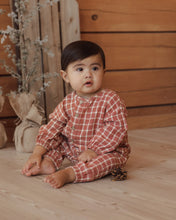 Load image into Gallery viewer, Relaxed Woven Jumpsuit in Vintage Plaid on a baby, close view
