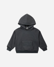 Load image into Gallery viewer, A dark charcoal gray pullover hoodie with a front kangaroo pocket, shown flat against a light gray background.
