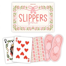 Load image into Gallery viewer, Pippi Post Ballet Slippers Card Game with floral box, illustrated playing cards, and pink ballet slipper game pieces on a white background.

