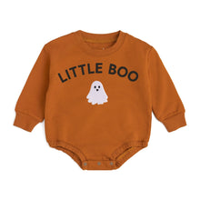 Load image into Gallery viewer, A baby long-sleeve bodysuit in burnt orange, featuring the text 'LITTLE BOO' in black arched lettering and a white ghost graphic on the front, displayed flat against a white background.
