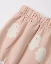 Load image into Gallery viewer, Close-up of a pair of light pink knit pants with an elastic waistband, featuring a cute white ghost pattern with small pink cheeks.
