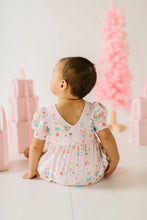 Load image into Gallery viewer, Baby facing away in the Sugar Plum romper, showing the gathered back waist and pastel nutcracker and sweets print.
