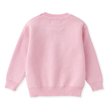 Load image into Gallery viewer, A light pink long-sleeve knit sweater shown from the back, featuring a ribbed crew neck, cuffs, and hem, laid flat against a white background.

