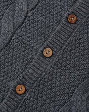Load image into Gallery viewer, Close-up of a dark gray textured knit sweater with three round wooden buttons on a ribbed front panel.
