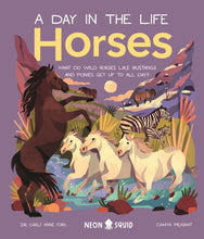 Load image into Gallery viewer, Book cover of 'A Day in the Life: Horses' with illustrations of horses and zebras on a purple background.
