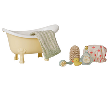 Load image into Gallery viewer, Maileg yellow mouse bathtub with a striped towel, bath mitt, polka-dot shower cap, rubber duck, shampoo bottle, and brush.
