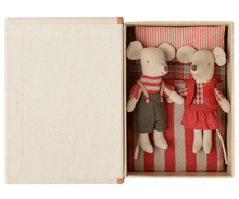 Load image into Gallery viewer, A boxed set of two plush mouse toys posed inside an open cream-colored gift box. One mouse wears a red-and-white striped sweater and dark gray shorts, and the other wears a red vest over a red-and-white check dress.
