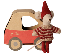 Load image into Gallery viewer, Maileg Little Sister Christmas mouse in a red pixy hat and striped knit sweater standing beside her red car-shaped box.
