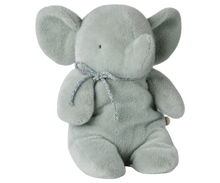 Load image into Gallery viewer, Maileg medium soft mint plush elephant sitting upright with large floppy ears, a curved trunk, and a matching neck bow.
