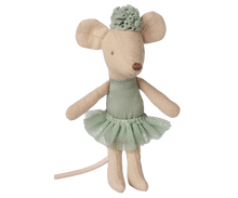 Load image into Gallery viewer,  Maileg Little Sister ballerina mouse wearing a vintage mint bodice, tulle tutu, and matching pom-pom headpiece.
