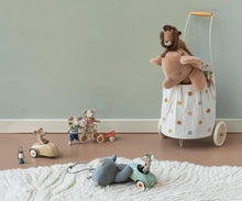 Load image into Gallery viewer, Vintage rose plush elephant peeking from a polka-dot toy trolley with a lion and mouse, beside miniature mice and toy cars.⠋
