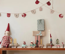 Load image into Gallery viewer, Maileg holiday display with Little Brother mouse and his teal car box among wrapped gifts, pixy dolls, pig candleholders, and festive garlands.
