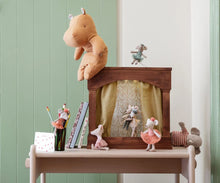 Load image into Gallery viewer, Vintage mint ballerina mouse posed atop a wooden puppet theater, surrounded by dancing mice and a large plush hippo.
