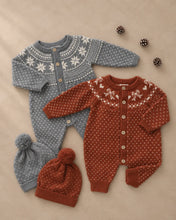 Load image into Gallery viewer, Beanie in Slate Birdseye, laid flat with a matching sweater set
