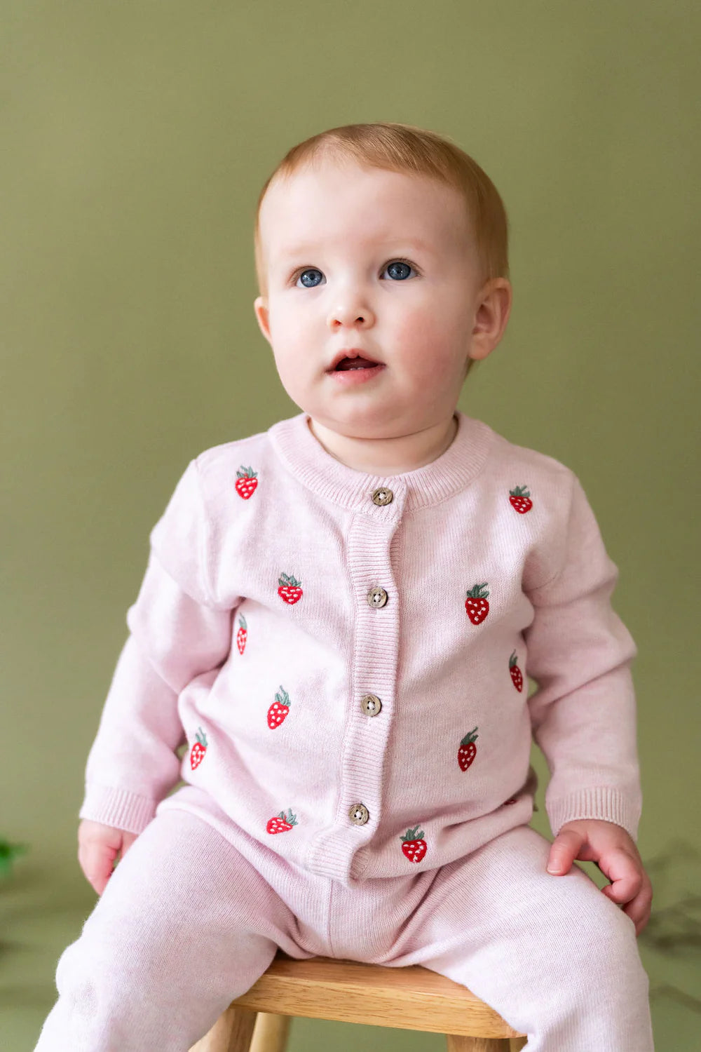 Strawberry Embroidered Knit Baby Cardigan - Pink Heather