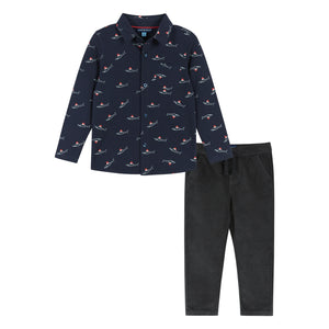 Navy Holiday Sharks Knit Buttondown Set