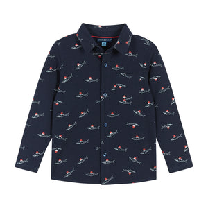 Navy Holiday Sharks Knit Buttondown Set