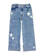 Load image into Gallery viewer, Blue jeans with white star patterns on a white background
