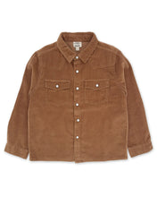 Load image into Gallery viewer, A brown corduroy button-up shirt jacket with two chest flap pockets and silver snap buttons, displayed flat against a white background.
