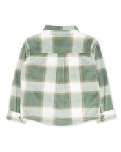 Load image into Gallery viewer, A long-sleeve plaid button-up shirt shown from the back, featuring a green, white, and tan checkered pattern on a plain white background.
